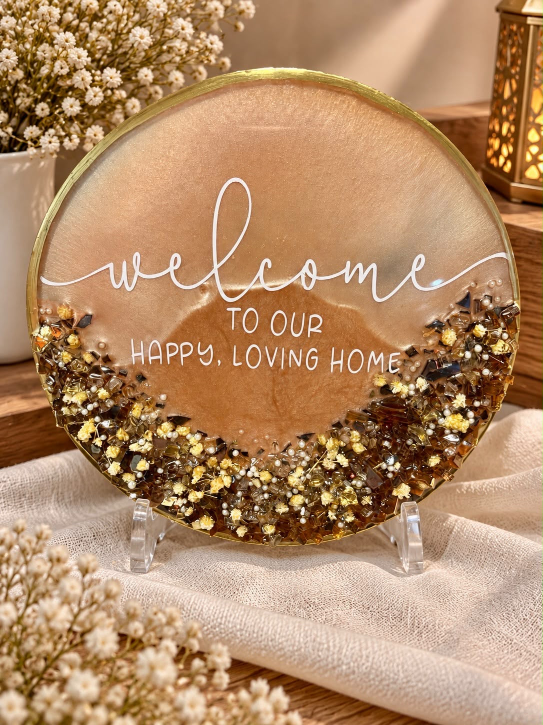 Handcrafted Golden Brown Resin Welcome Home Plaque