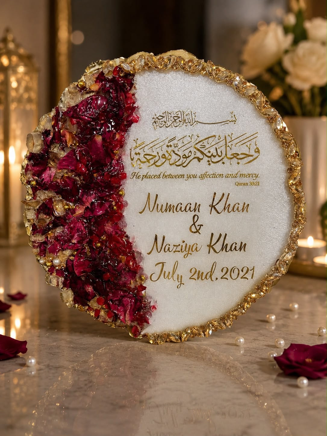 Luxury Burgundy & Gold Resin Wedding Couple Plaque