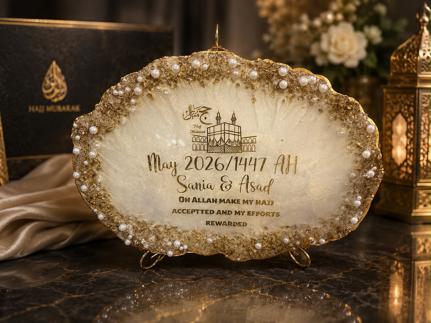Customized Hajj Mubarak Resin Plaque Pearl & Gold Luxury Design