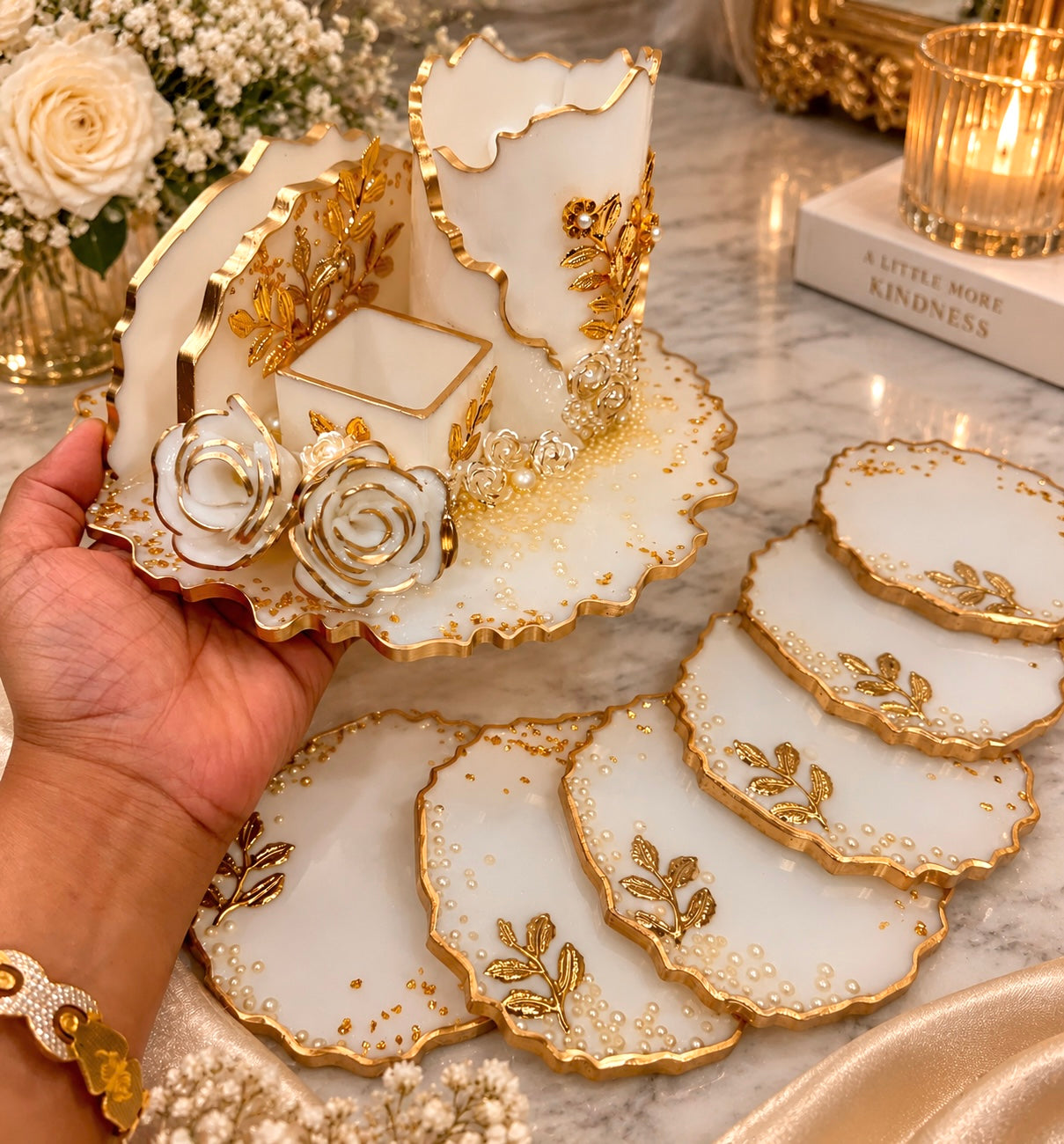 Luxury White & Gold Resin Cutlery & Tissue Organizer Set
