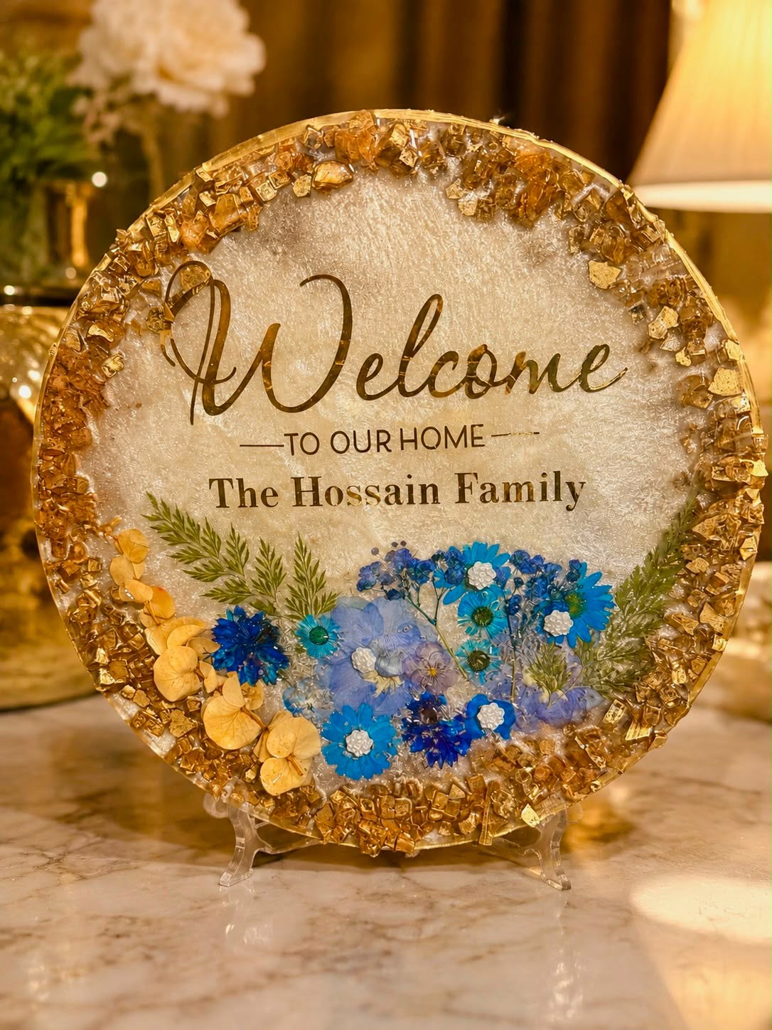 Personalized Resin Welcome Home Plaque – Gold & Blue Floral Design