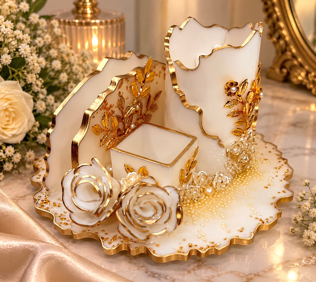 Luxury White & Gold Resin Cutlery & Tissue Organizer Set