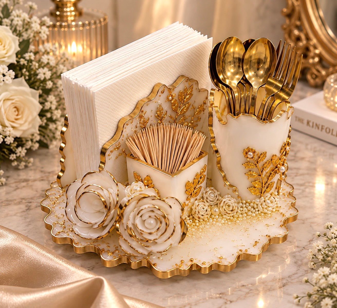 Luxury White & Gold Resin Cutlery & Tissue Organizer Set