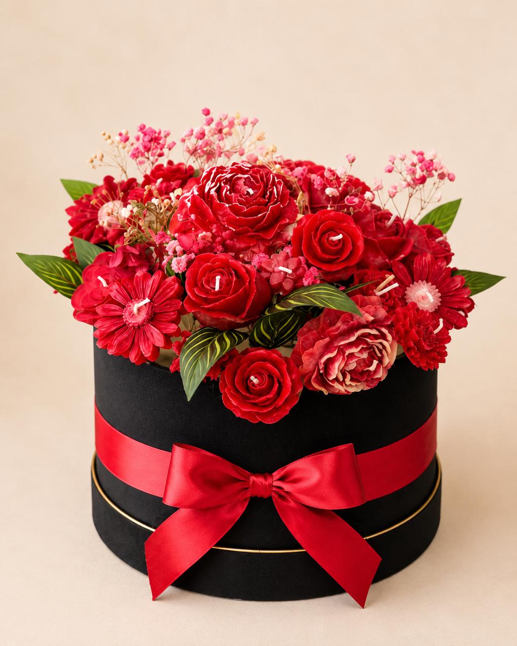 Luxury Red Rose Candle Bouquet in Black Gift Box – Handmade Floral Gift Arrangement