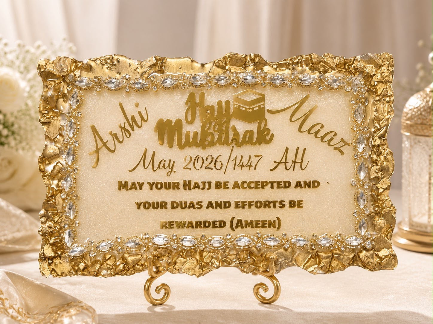 Customized Hajj Mubarak Resin Plaque Gold & Crystal Luxury Design