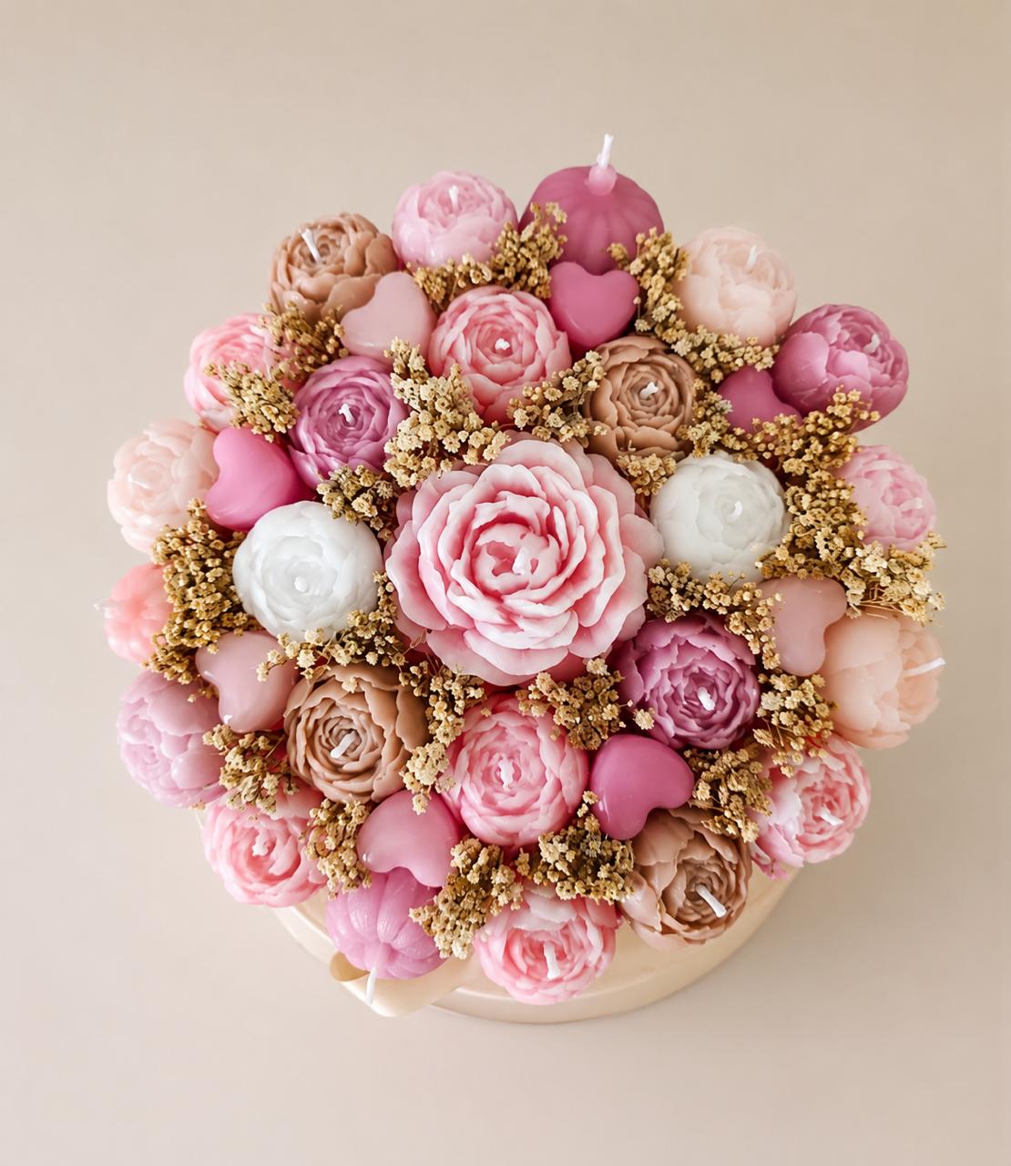 Pink Romance Candle Bouquet – Luxury Handmade Rose & Heart Candle Arrangement