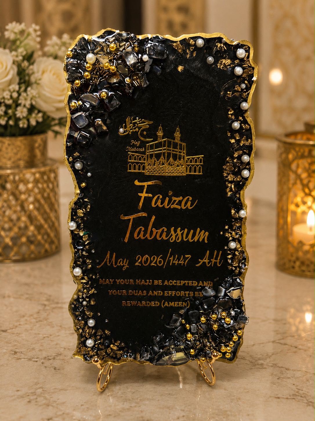 Customized Hajj Mubarak Resin Plaque Black & Gold Luxury Design