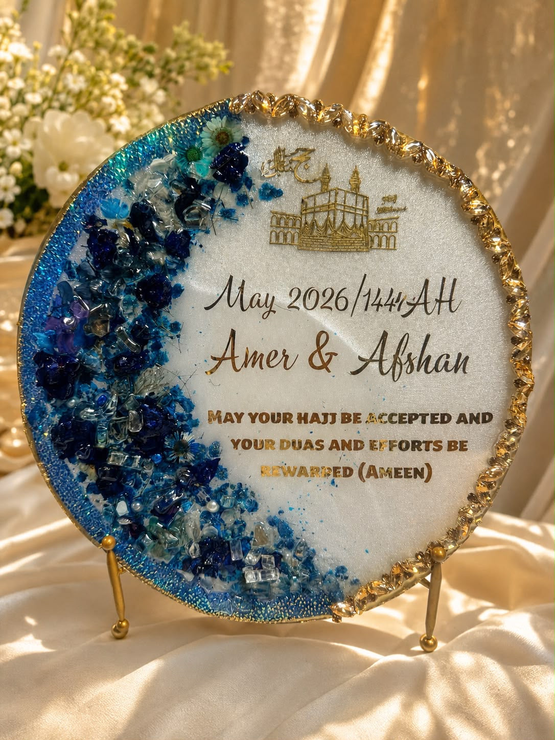 Customized Hajj Mubarak Resin Plaque Blue & Gold Floral Design