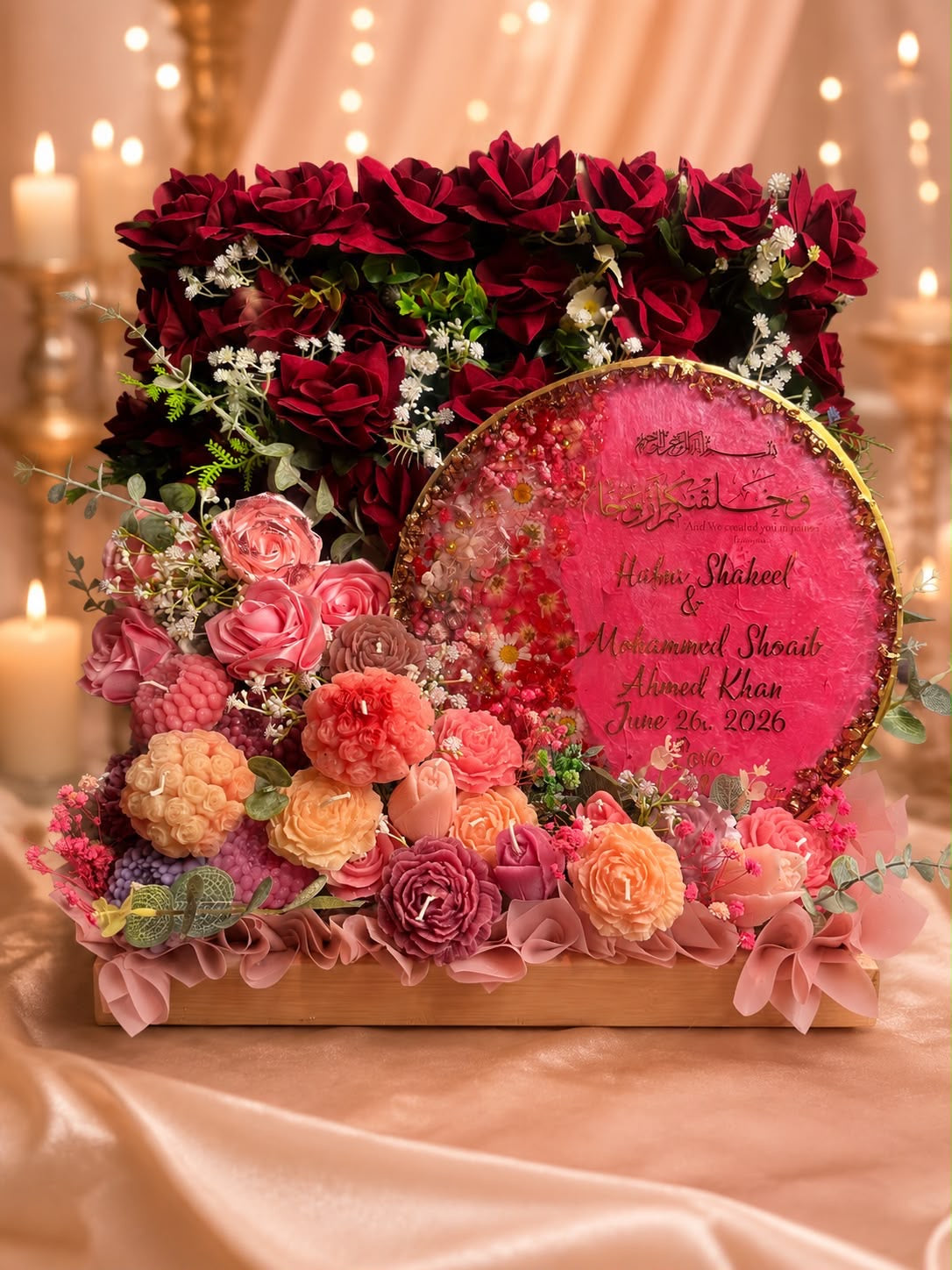 12-Inch Personalized Resin Plaque with Luxury Candle & Artificial Flower Gift Hamper