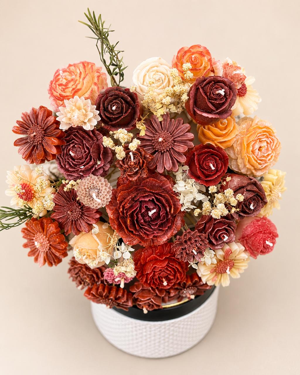 Luxury Autumn Bloom Candle Bouquet – Handmade Floral Candle Arrangement in Premium White Gift Box