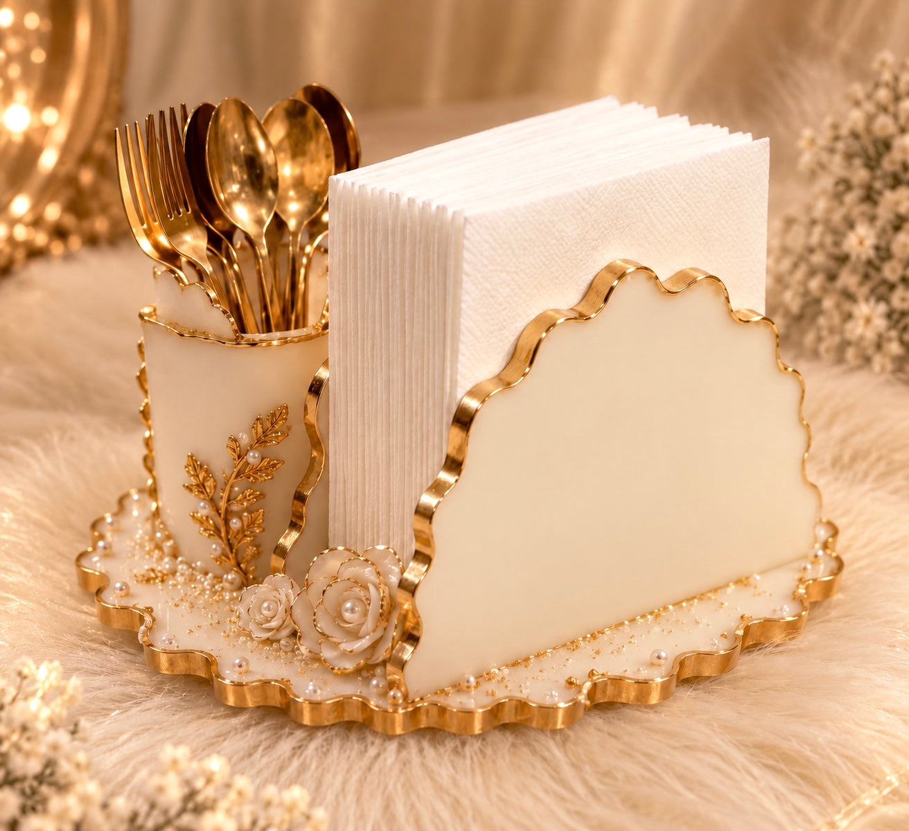 Luxury White & Gold Resin Cutlery & Tissue Organizer Set