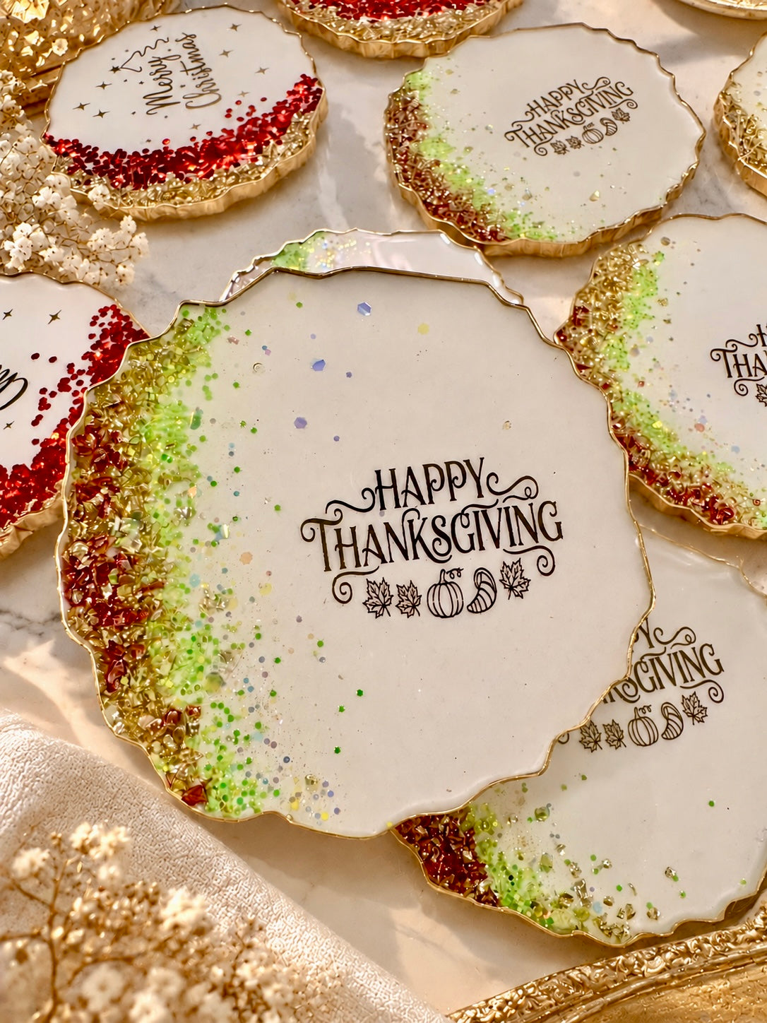 Handmade Festive Resin Coasters – Thanksgiving, Christmas & New Year Collection