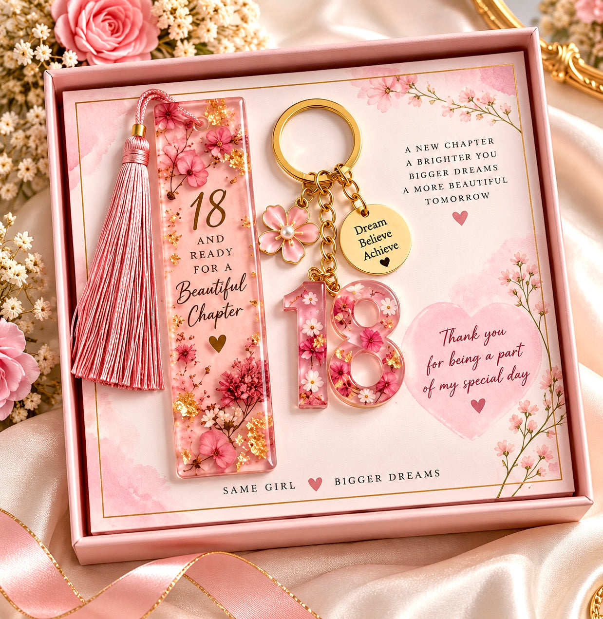 Personalized 18th Birthday Gift Box – Floral Resin Bookmark & Alphabetical Resin Keychain Set
