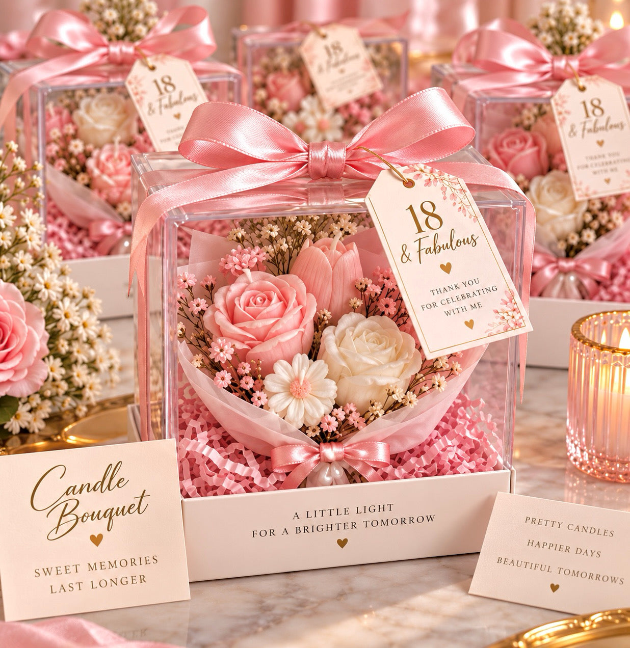 18th Birthday Candle Bouquet Gift Box – Pink Floral Birthday Favor