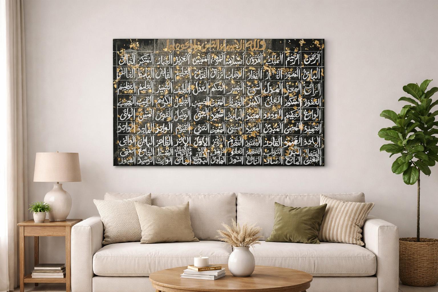 Islamic Wall Art - 99 Names of Allah Calligraphy Painting (47x32 in)