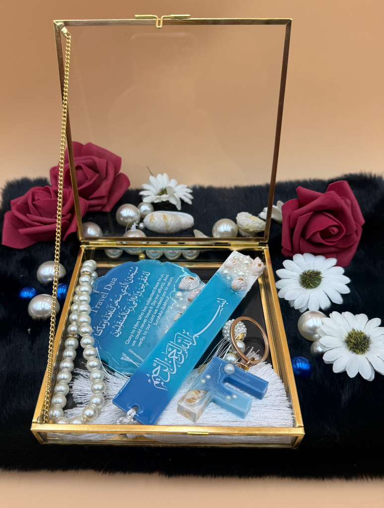 Ramadan Deluxe Gift Box with Carhang + Bookmark/Tasbeeh + Islamic Phrases/Alphabet Keychain