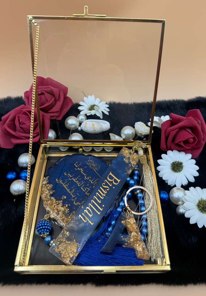 Ramadan Deluxe Gift Box with Carhang + Bookmark/Tasbeeh + Islamic Phrases/Alphabet Keychain
