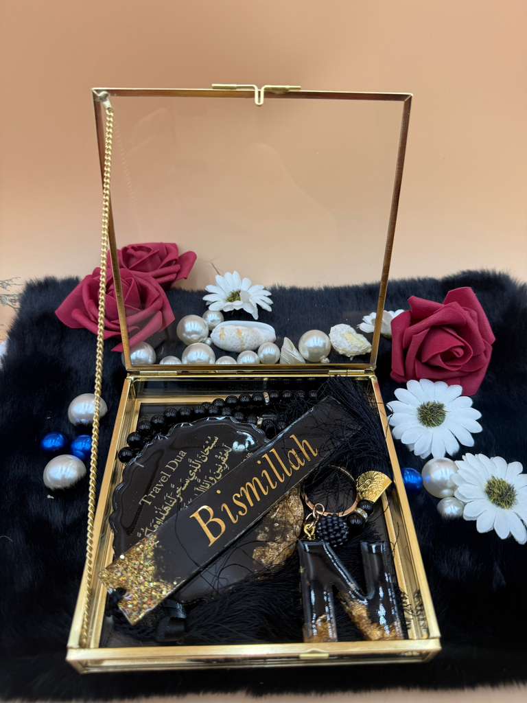 Ramadan Deluxe Gift Box with Carhang + Bookmark/Tasbeeh + Islamic Phrases/Alphabet Keychain